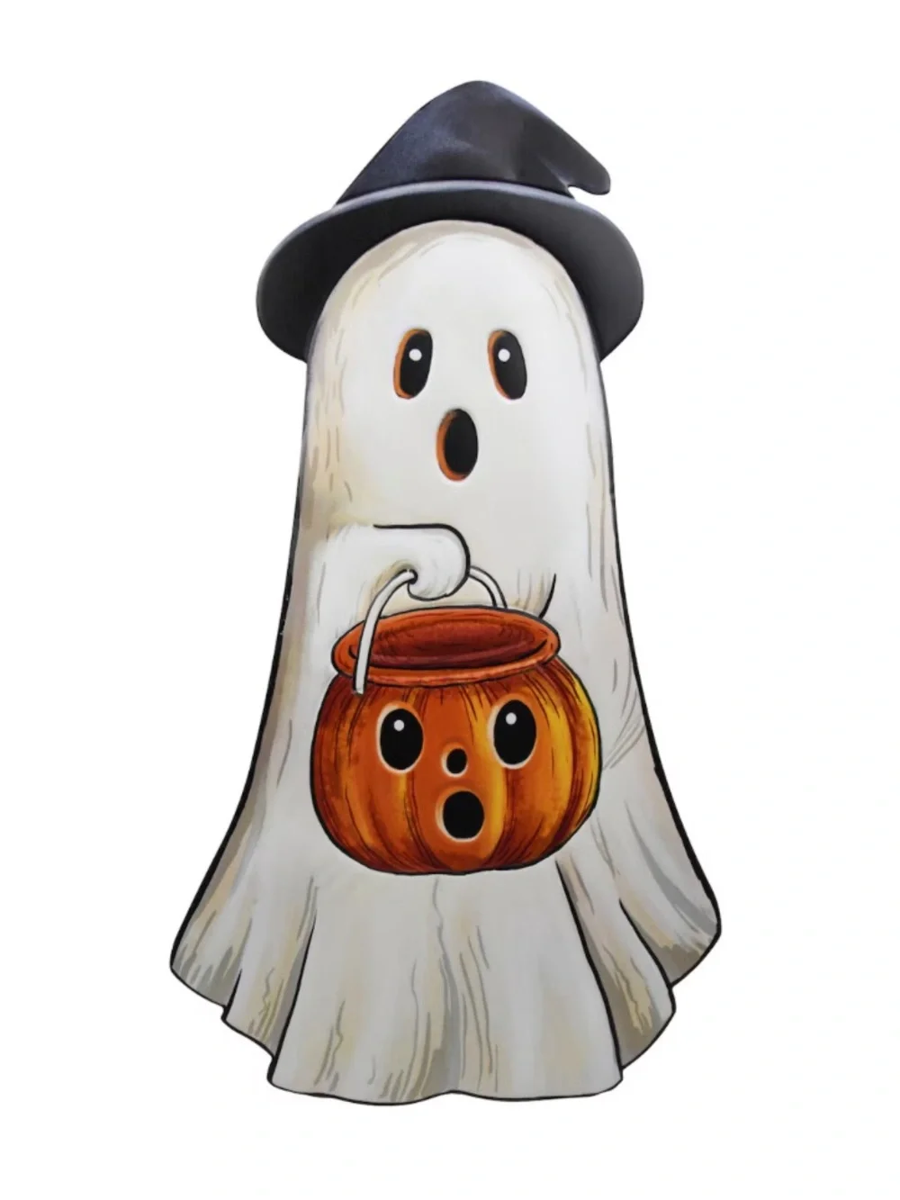 NWT- 23” White Ghost Witch w/ Orange Pumpkin Pail- Metal Easel Stand Porch Sign